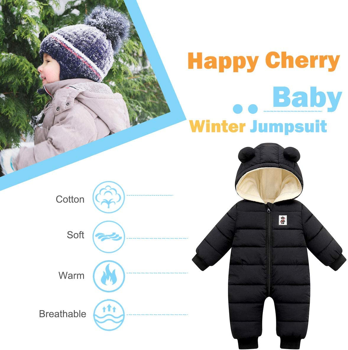 Baby Hooded Snowsuit Infant Winter Clothes Zipper Long Sleeve Outerwear Cotton Warm One Piece Romper