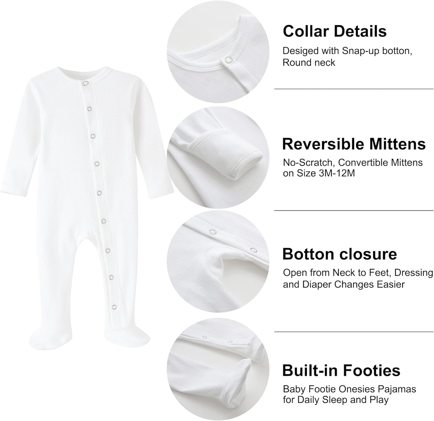 Baby Kids Footed Sleeper Pajamas with Mitten Cuffs - Cotton Long Sleeve Snap-Up Toddler Onesies Sleep and Play for 0-12 Month