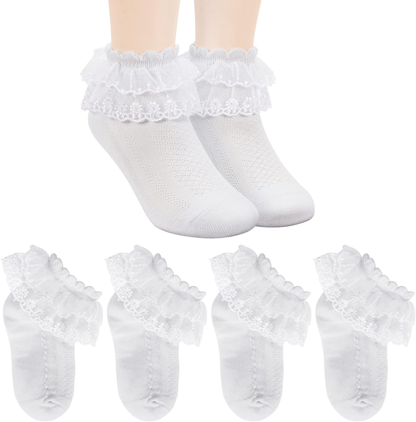 4 Pairs Baby Toddler Girls Ruffle Socks Eyelet White Princess Cotton Cute Lace Frilly Dress Socks for Little/Big Kids