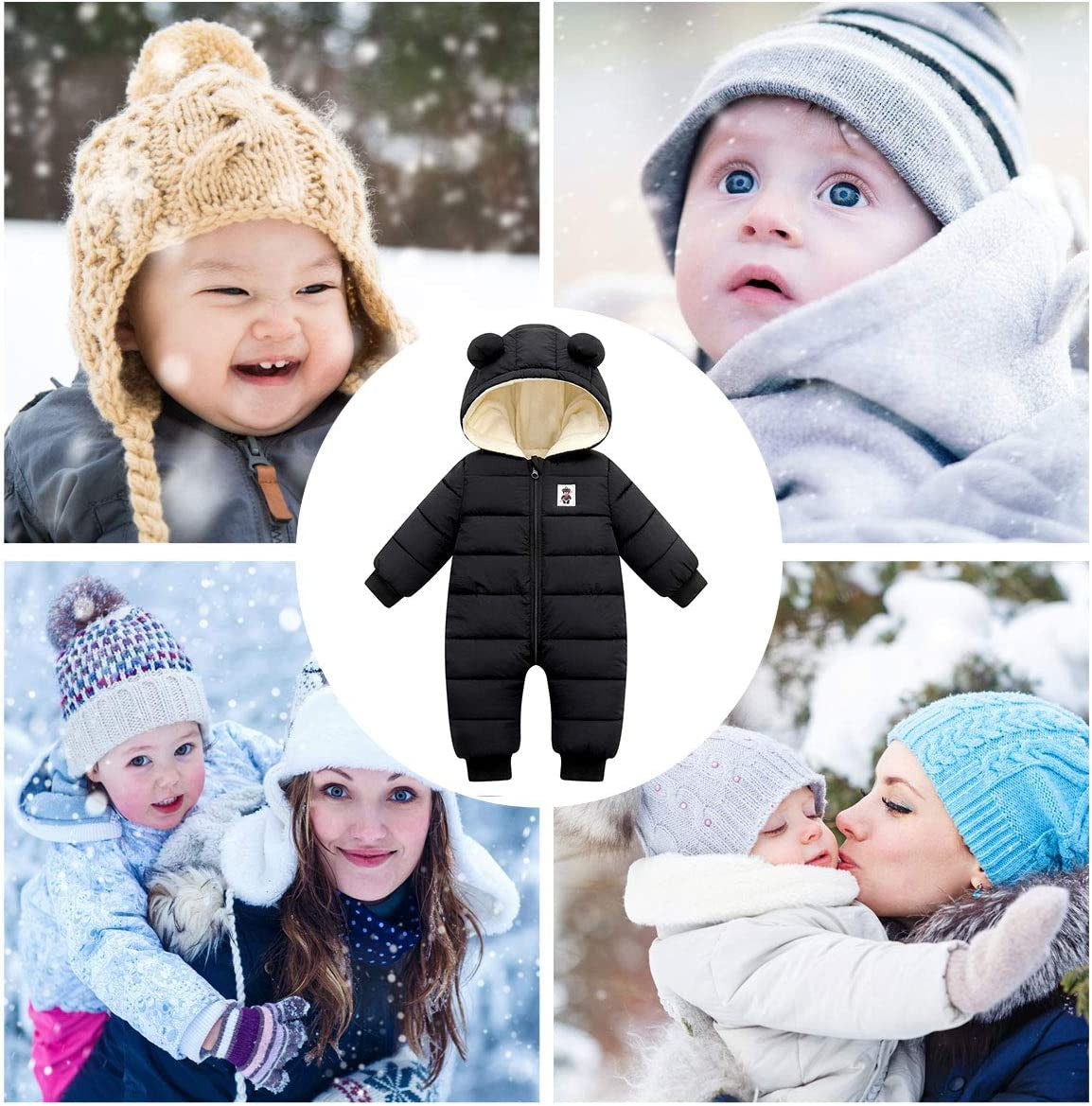 Baby Hooded Snowsuit Infant Winter Clothes Zipper Long Sleeve Outerwear Cotton Warm One Piece Romper