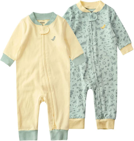 Baby 2-Pack 100% Cotton Romper Jumpsuits Two Way Zipper Long Sleeve Footless Sleep and Play