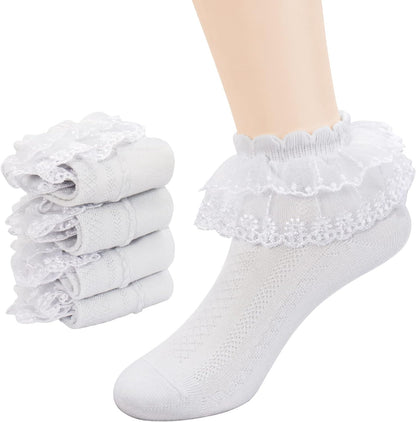 4 Pairs Baby Toddler Girls Ruffle Socks Eyelet White Princess Cotton Cute Lace Frilly Dress Socks for Little/Big Kids