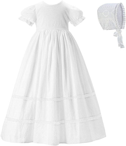 Baby Newborn Baptism Delicate Cotton Dress Gown with Bonnet for 0-15 Months