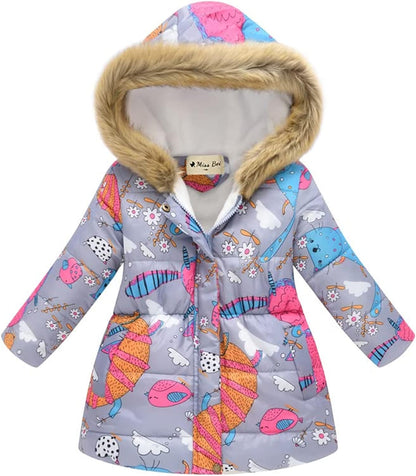 Girl'S Coat Water-Resistant Hooded Kids Toddler Winter Flower Print Parka Outwear Warm Cotton Coat Hooded Jacket