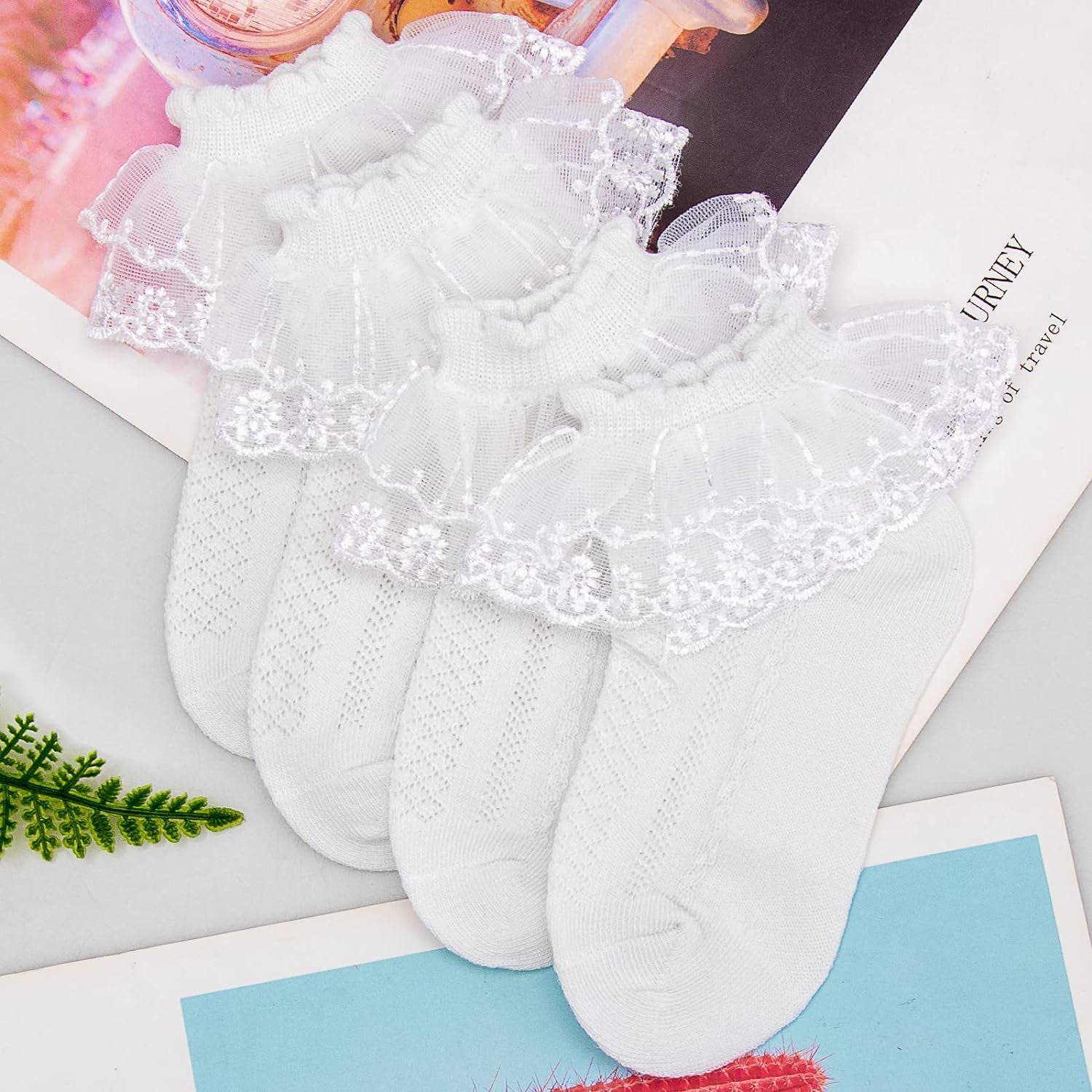 4 Pairs Baby Toddler Girls Ruffle Socks Eyelet White Princess Cotton Cute Lace Frilly Dress Socks for Little/Big Kids