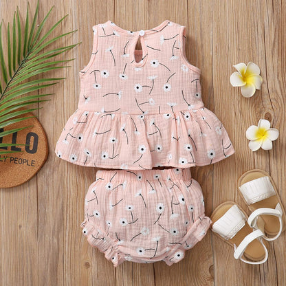 Toddler Baby Girl Cotton Linen Clothes Set,Daisy/Sun Printed Ruffled Hem Tank Tops Shorts Set 2Pcs Summer Outfits