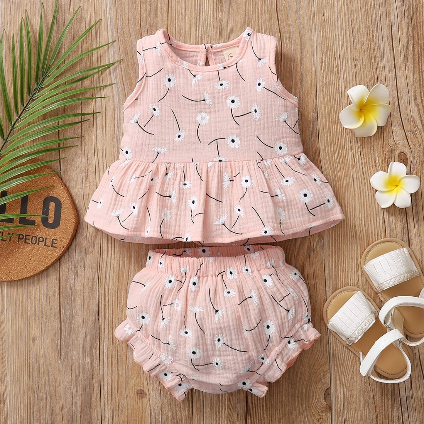 Toddler Baby Girl Cotton Linen Clothes Set,Daisy/Sun Printed Ruffled Hem Tank Tops Shorts Set 2Pcs Summer Outfits