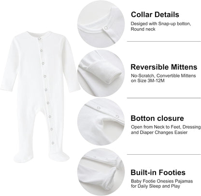 Baby Kids Footed Sleeper Pajamas with Mitten Cuffs - Cotton Long Sleeve Snap-Up Toddler Onesies Sleep and Play for 0-12 Month