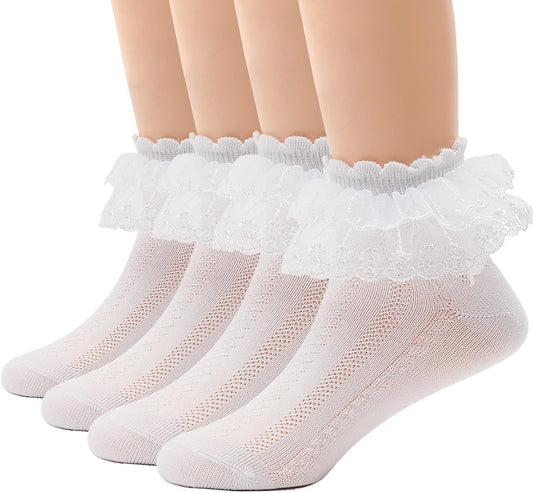 4 Pairs Baby Toddler Girls Ruffle Socks Eyelet White Princess Cotton Cute Lace Frilly Dress Socks for Little/Big Kids