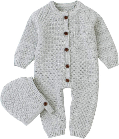 Baby Newborn Knitted Sweater Romper Longsleeve Outfit Cotton Jumpsuit with Warm Hat Set