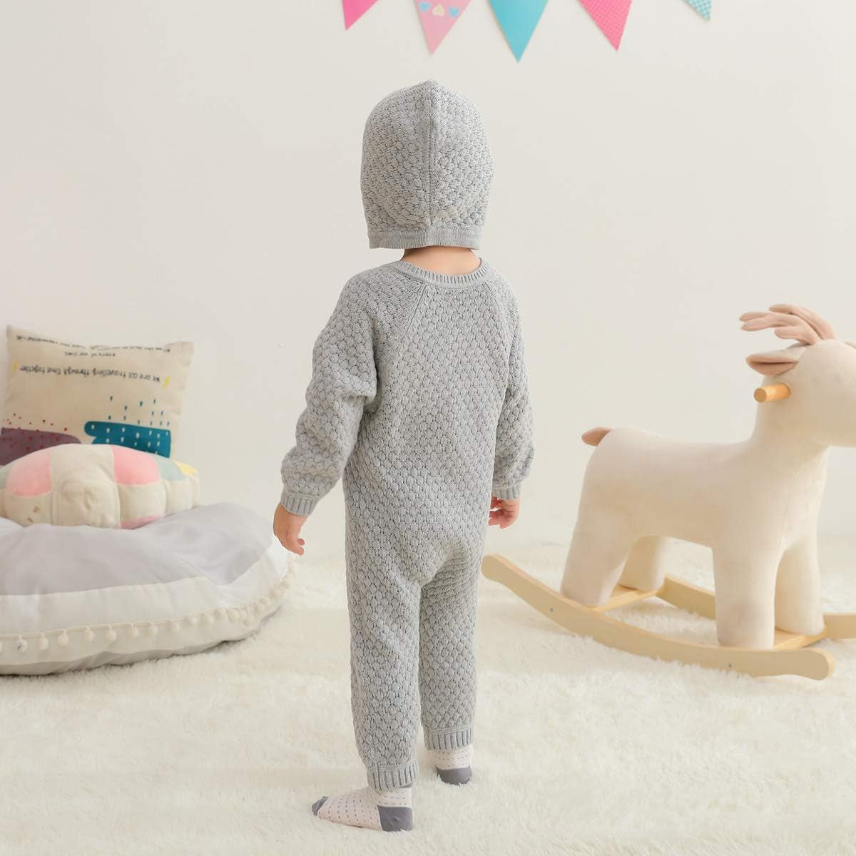 Baby Newborn Knitted Sweater Romper Longsleeve Outfit Cotton Jumpsuit with Warm Hat Set