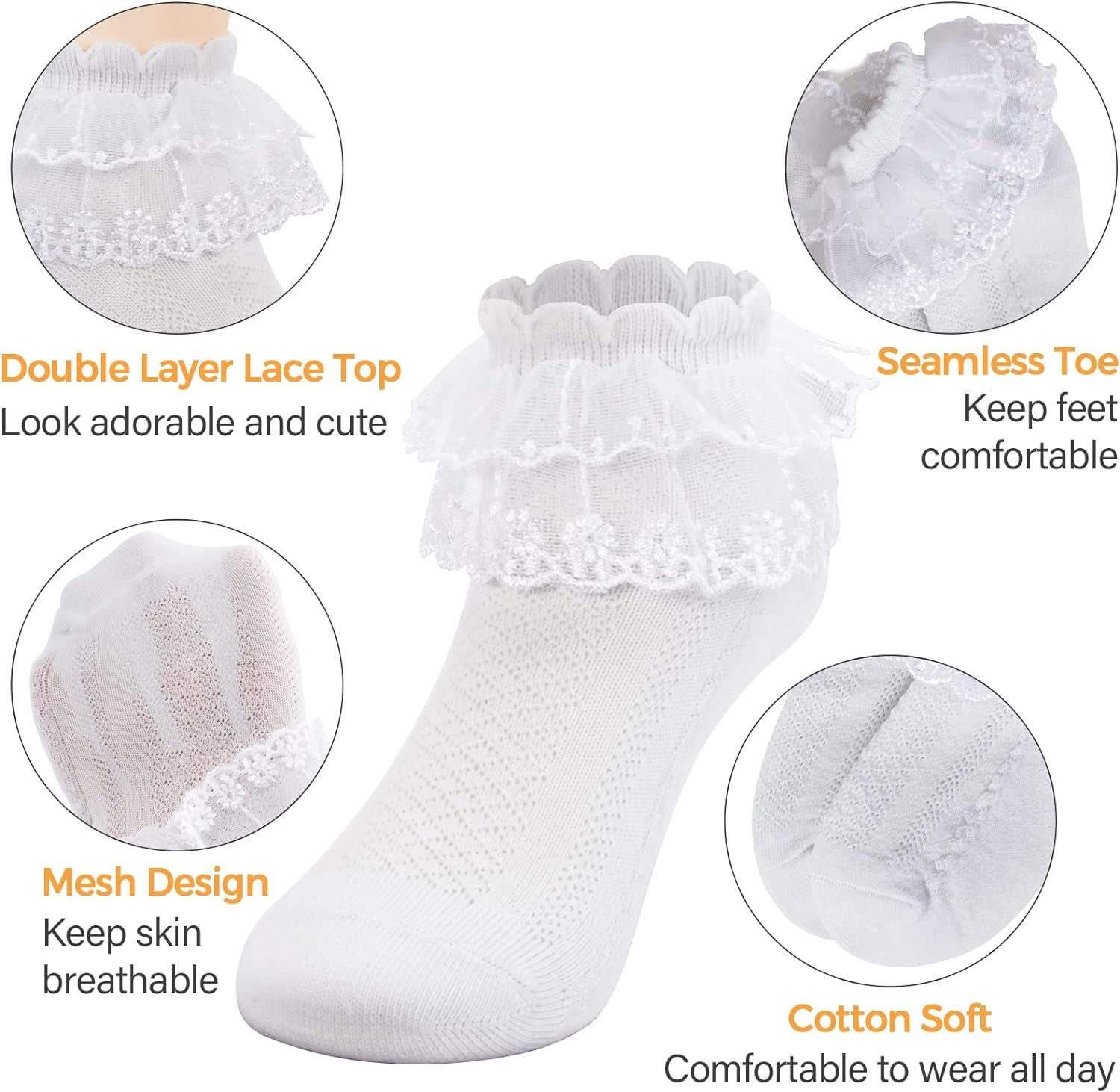 4 Pairs Baby Toddler Girls Ruffle Socks Eyelet White Princess Cotton Cute Lace Frilly Dress Socks for Little/Big Kids