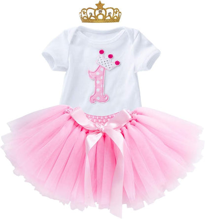 Princess 1St Birthday Cake Smash 3Pcs Outfits Baby Girls Cotton Romper Bodysuit Rainbow Tutu Skirt Crown Headband