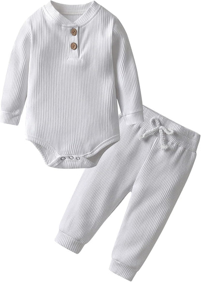 Newborn Baby Boy Girl Clothes Ribbed Cotton Long Sleeve Romper and Pants Outfits Set