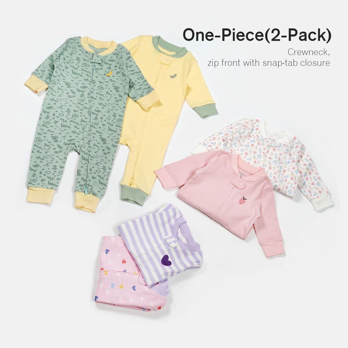 Baby 2-Pack 100% Cotton Romper Jumpsuits Two Way Zipper Long Sleeve Footless Sleep and Play