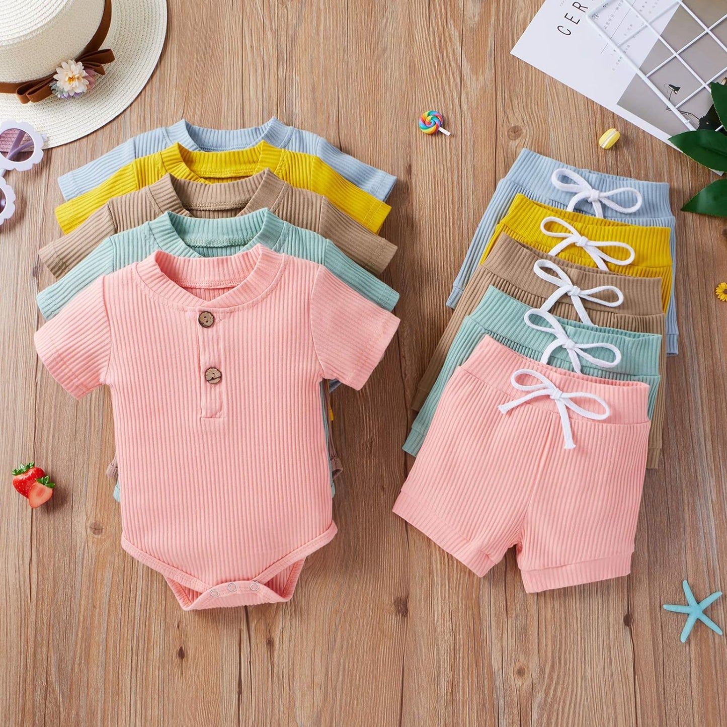 Summer Newborn Baby Boy Girl Clothes Set Ribbed Outfits Unisex Infant Solid Cotton Button Short Sleeve Tops Shorts 2PCS