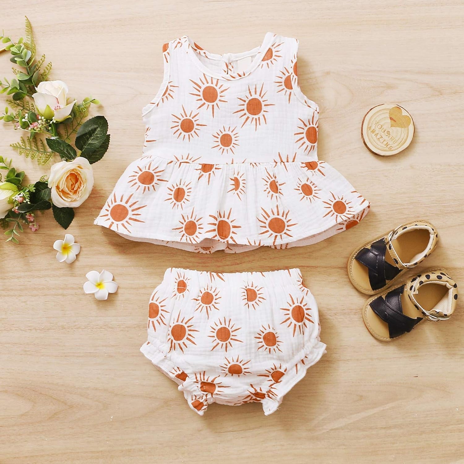 Toddler Baby Girl Cotton Linen Clothes Set,Daisy/Sun Printed Ruffled Hem Tank Tops Shorts Set 2Pcs Summer Outfits